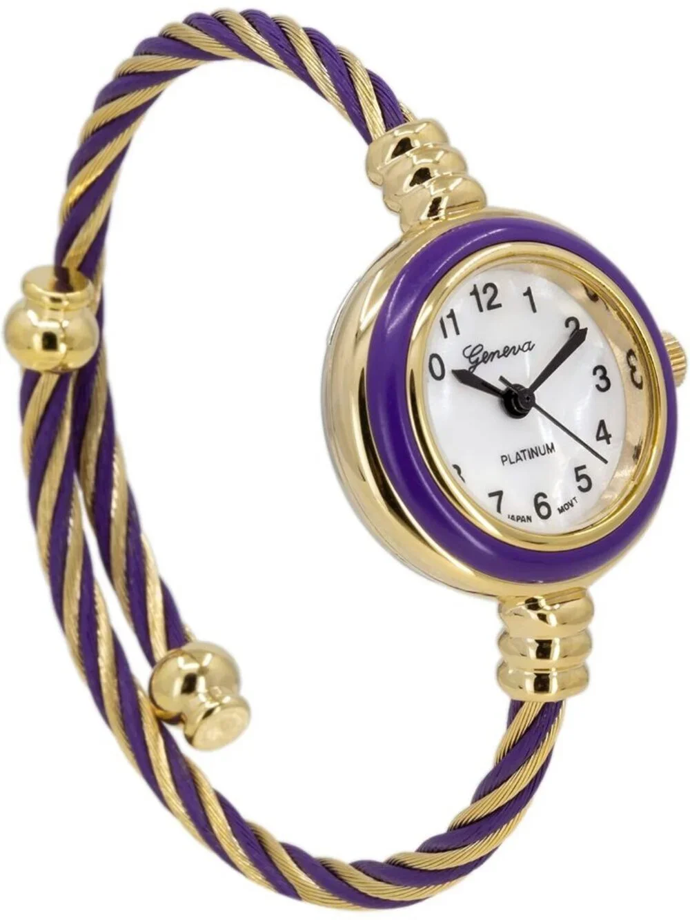 Women's Gold And Purple Analog Elegant Cable Cuff Arabic Numbers Bracelet Watch